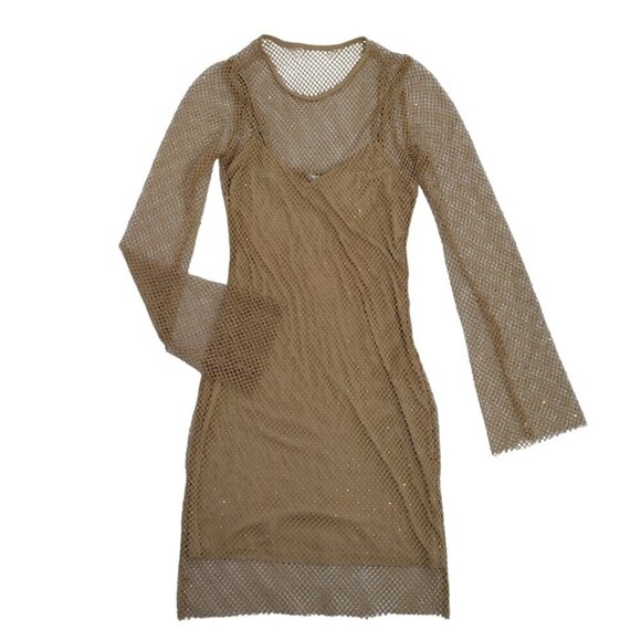 Sincerely Jules S Beige Mesh Long Sleeve Mini Dress With Sparkle Accents, NWT - Picture 1 of 7